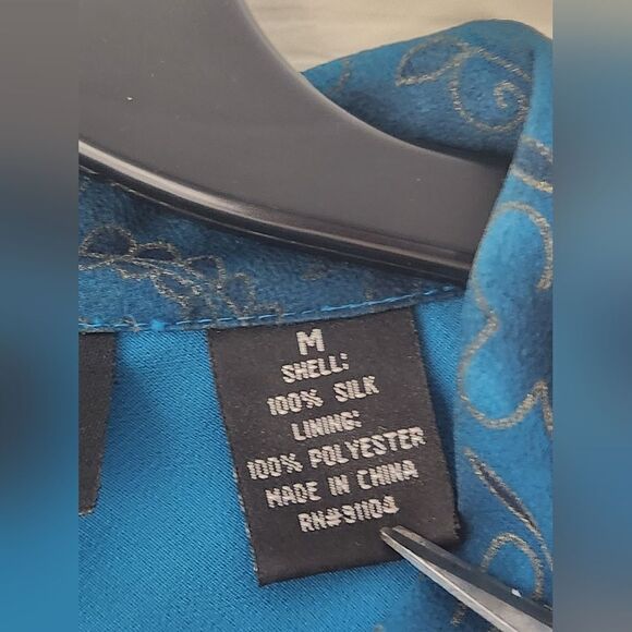 New York City M NavyUsafaBlue 100% SILK Bell Slv Lined Collar Women Blouse - Picture 6 of 12